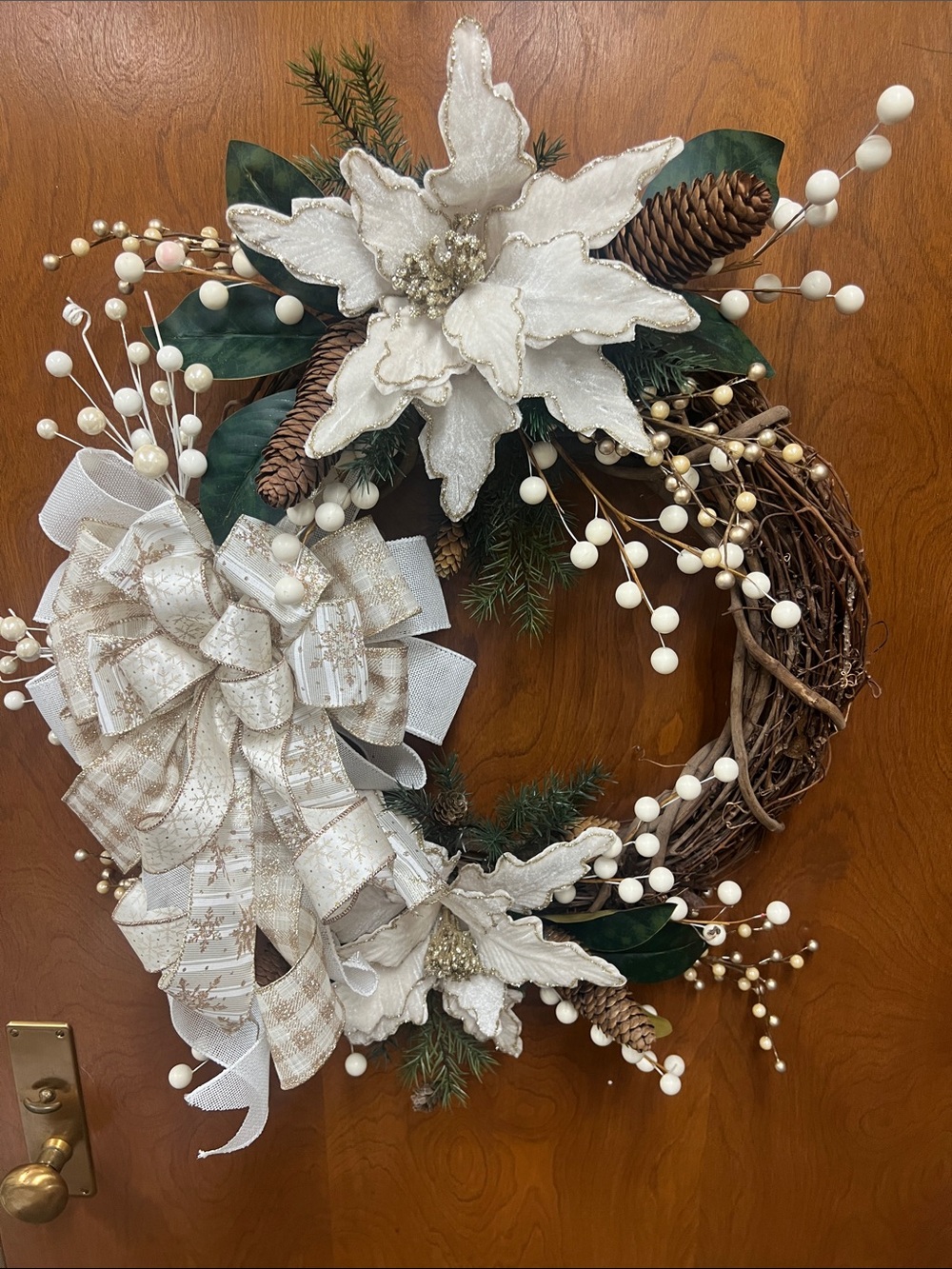 White & Cream Poinsettia Holiday Wreath with Pinecones